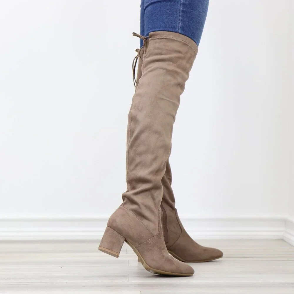 Taupe Over-the-Knee Boots Faux Suede Low Block Heel Tie Back